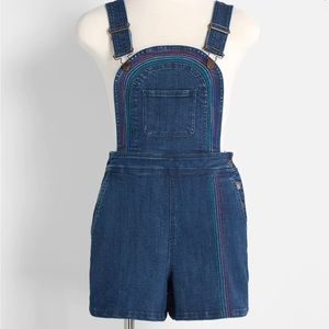 ♥️ ModCloth Bouncing Over The Rainbow Denim Shortall Overall Shorts 16 Large